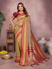 Pure Handloom Perrot & Purple Kalamkari Silk Saree with Zari Woven Border & Pallu