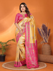 Pure Banarasi Teal Green & Pink Tissue Silk Saree with Paithani Border & Pallu